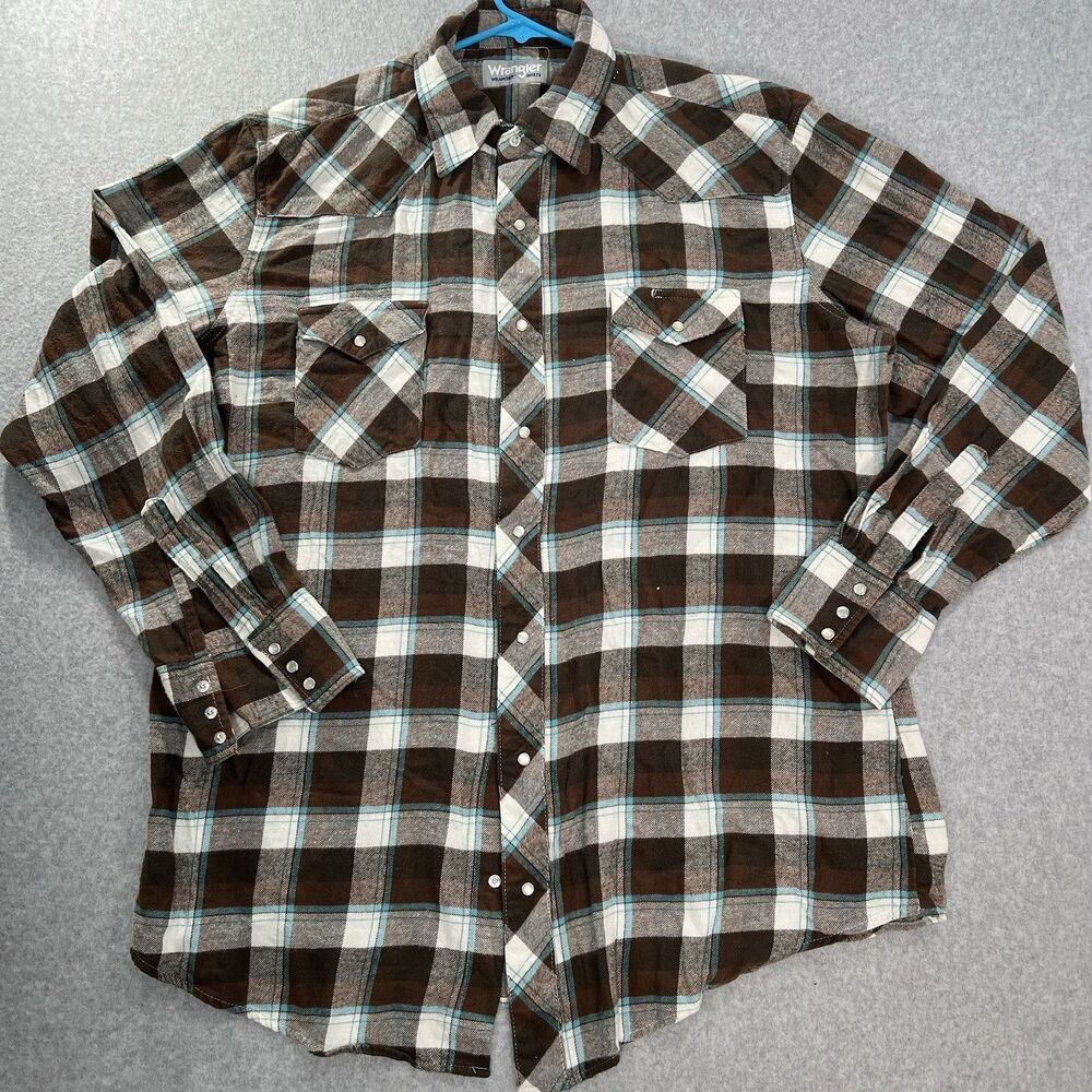 Wrangler Shirt Mens XLT Brown white Check Flannel Wrancher Pearl Snap Cowboy